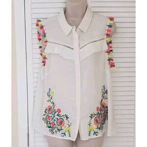NEW LUXE MODA WHITE EMBROIDERED EMBELLISHED BLOUSE TOP SZ XLARGE